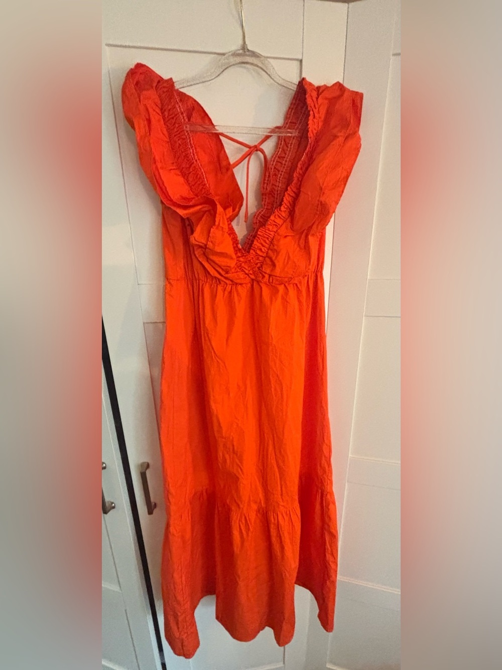 Dee Elly Vibrant Orange V-Neck Ruffle Midi Dress Cotton Sundress Size Medium